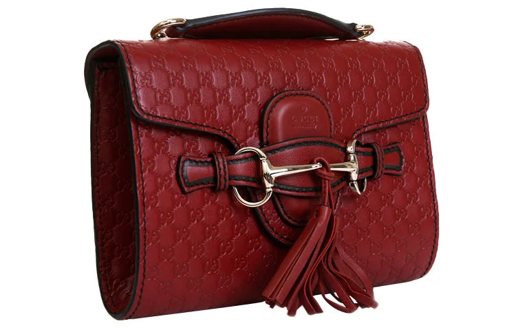 GUCCI Leather Old Flower Logo Embossing Horsebit Chain Single-Shoulder Bag Small Red 449636-BMJ1G-6420