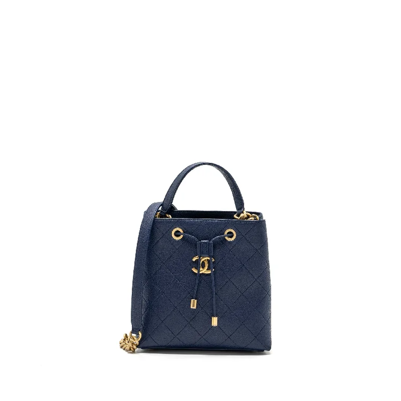 Chanel Top Handle Drawstring Bucket Bag Caviar Navy GHW