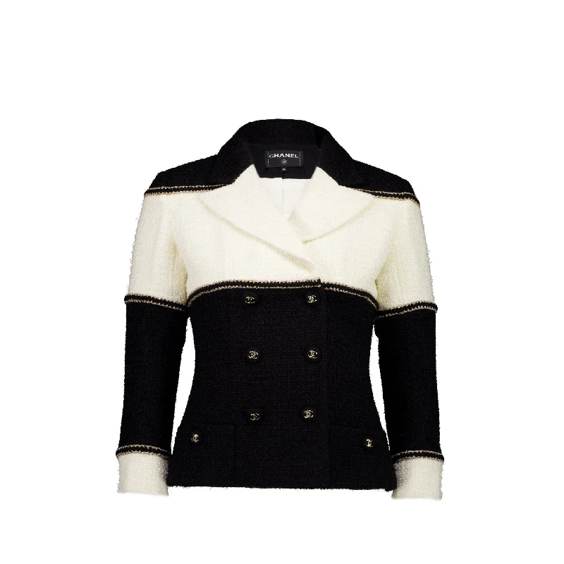 Chanel Size 34 CC-buttons Tweed Jacket Black/White/Gold/Silver