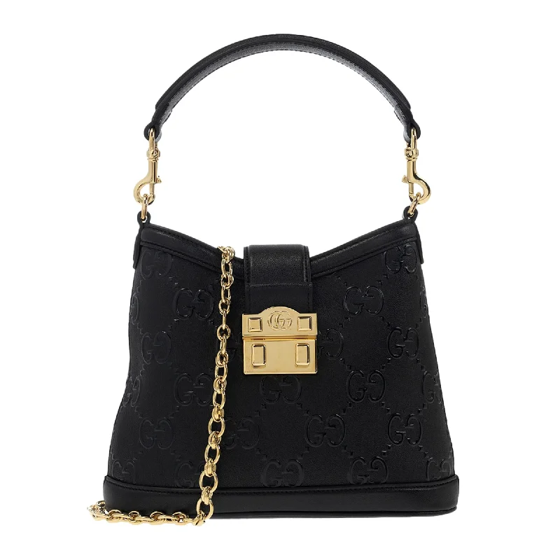 Gucci GG Black Embossed Pebbled Leather Gold Chain Shoulder Bag