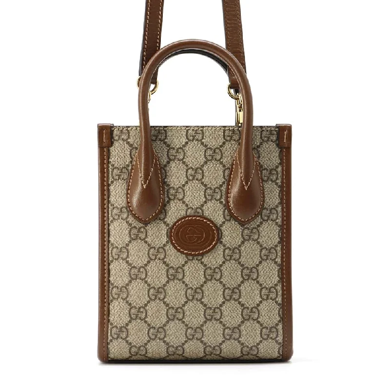 GUCCI Interlocking G 2WAY Mini Tote Bag Beige/Brown 671623 GG SupremeCanvas Leather