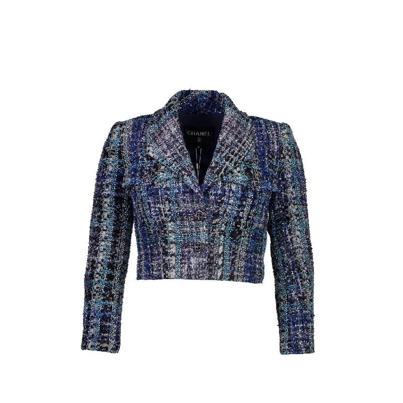 Chanel Size 36 Cropped Tweed Jacket Navy/Blue/Black/White