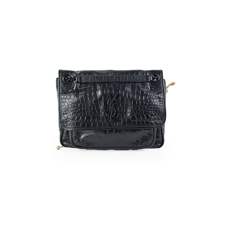 Saint Laurent Black Niki Medium In Crocodile-Embossed Leather