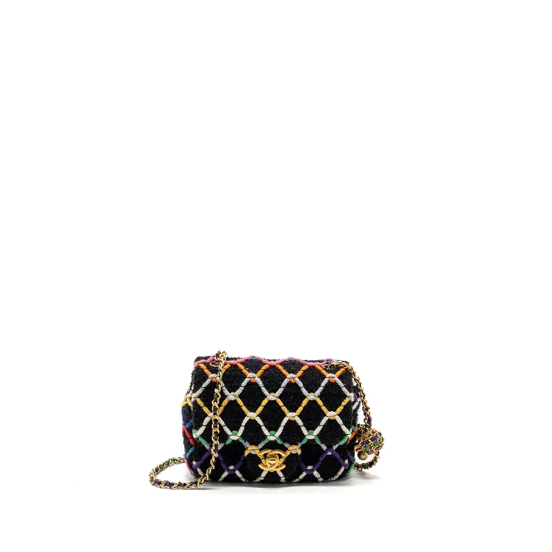 Chanel 22S pearl crush mini square flap bag fabric / tweed black / multicolor GHW (microchip)